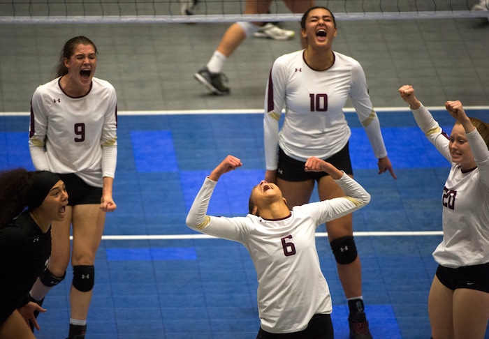 (Rick Egan  |  The Salt Lake Tribune)   Lone Peak Knights  Tasia Farmer (6),  celebrates with her team, as Lone Peak wins the second set, in 6A volleyball championship action, Pleasant Grove vs. Lone Peak, at Utah Valley University, Saturday, November 4, 2017.
