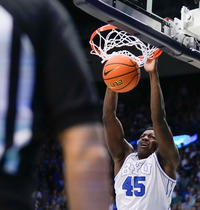 (Francisco Kjolseth | The Salt Lake Tribune) Brigham Young Cougars45/ makes the dunk during an NCAA college basketball game against TCU Saturday, March 2, 2024, in Provo, Utah.