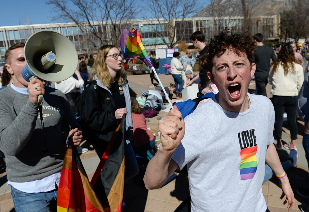 (Francisco Kjolseth  |  The Salt Lake Tribune) Danny Niemann joins the student protest outside the student center at Brigham Young University in Provo, Wednesday, March 4, 2020, after an official with The Church of Jesus Christ of Latter-day Saints issued a clarification to the school's Honor Code, which said that same-sex romantic behavior is still "not compatible" with the rules at BYU.