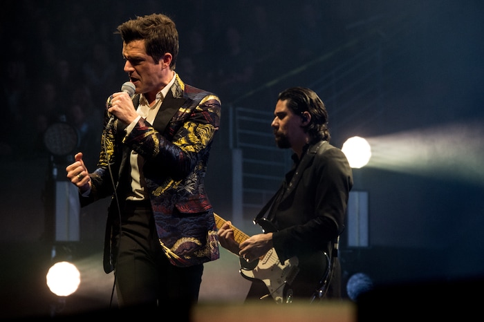 (Photo courtesy of Rob Loud/@robloud) Frontman Brandon Flowers, left, and guitarist Ted Sablay of The Killers perform at Vivint Smart Home Arena in Salt Lake City on Tuesday, Feb. 6, 2018.