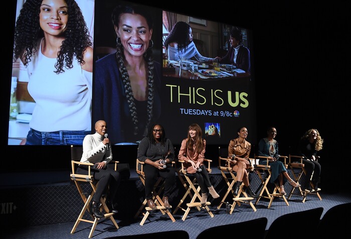 (Photo courtesy Frank Micelotta/Twentieth Century Fox Television/PictureGroup) “This Is Us” writer Eboni Freeman, co-producer Kay Oyegun and executive producer Elizabeth Berger, stars Susan Kelechi Watson and Melanie Liburd and director Anne Fletcher.