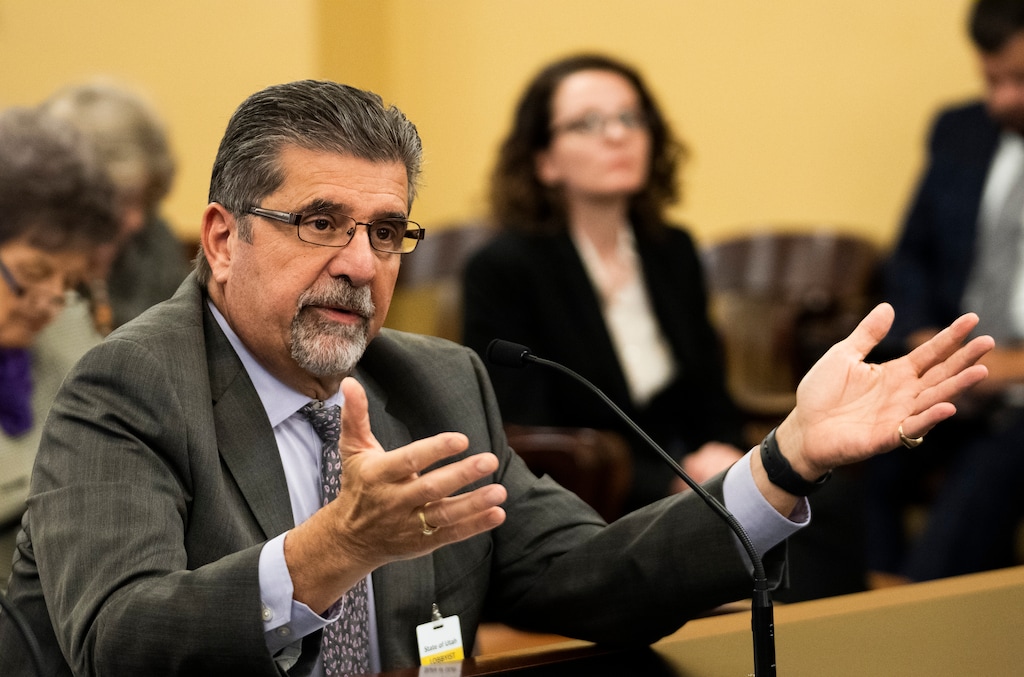 (Rick Egan | The Salt Lake Tribune) David Spatafore, spokesperson for the Utah High School Activities Association, talks about how the organization is complying with state law banning transgender girls from competing on high school girls teams during a meeting at the Capitol, on Wednesday, Aug. 17, 2022.