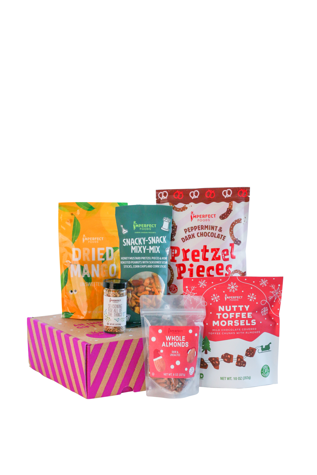 (Photo courtesy of Imperfect Foods) Give the gift of sustainability with the holiday box from Imperfect Foods, It includes an assortment of delicious — but imperfectly shaped — snacks.
