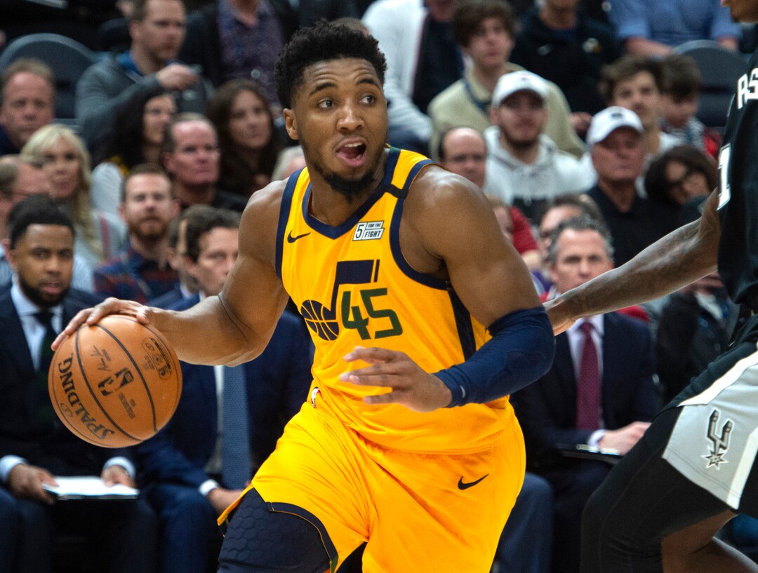 (Rick Egan  |  The Salt Lake Tribune)    Utah guard Donovan Mitchell (45) works the ball inside, in NBA action between the Utah Jazz and the San Antonio Spurs, in Salt Lake City, Friday, Feb. 21, 2020.