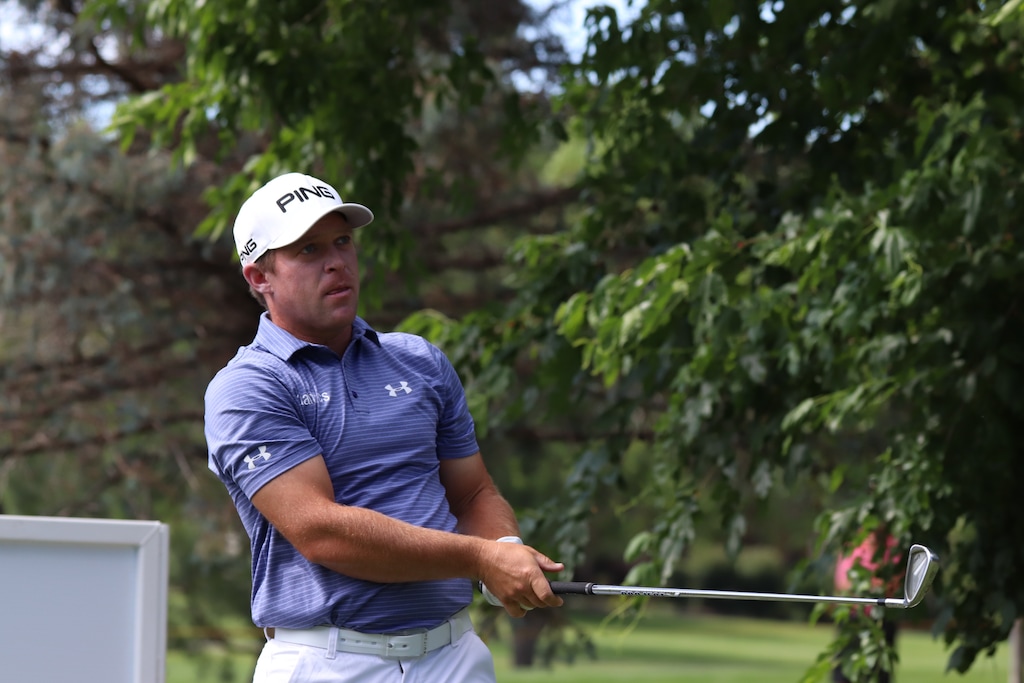 (Photo courtesy of Fairways Media/Jesse Dodson) Daniel Summerhays watches the flight of a tee shot Thursday at Oakridge Country Club, where he shot a 5-under-par 66 in opening round of the Utah Championship presented by Zions Bank.