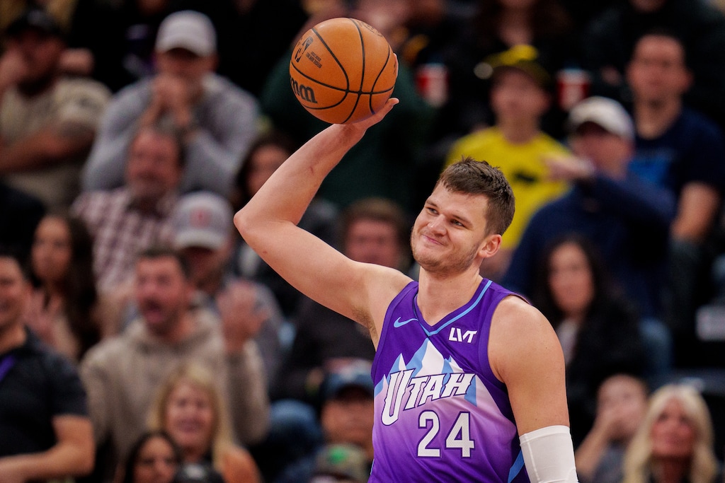 (Trent Nelson | The Salt Lake Tribune) Utah Jazz center Walker Kessler (24) reacts to a foul as the Utah Jazz host the Denver Nuggets, NBA basketball in Salt Lake City on Wednesday, Nov. 27, 2024.