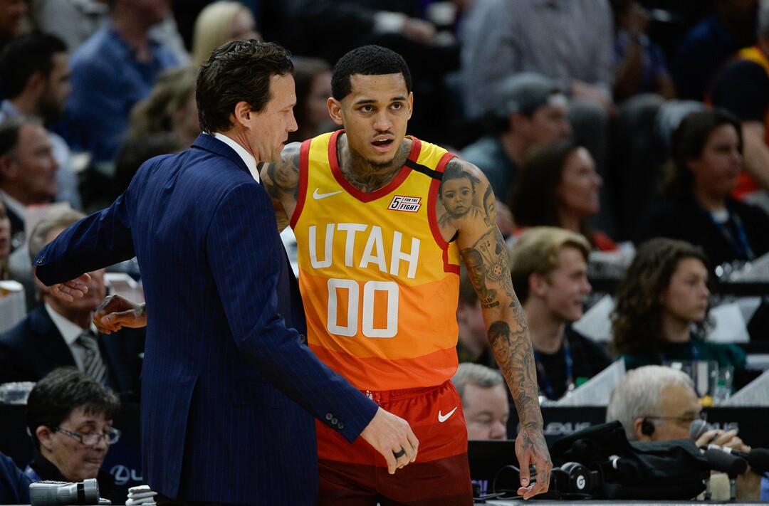 (Francisco Kjolseth  |  The Salt Lake Tribune) Utah Jazz coach Quin Snyder talks with Utah Jazz guard Jordan Clarkson (00) as the Utah Jazz host the Miami Heat in their NBA basketball game at Vivint Smart Home Arena in Salt Lake City on Wednesday, Feb. 12, 2020.