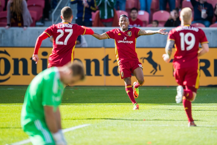 (Chris Detrick  |  The Salt Lake Tribune)  Real Salt Lake forward Brooks Lennon (27) celebrates with Real Salt Lake forward Joao Plata (10) after scoring a goal past Sporting Kansas City goalkeeper Andrew Dykstra (21) during the game at Rio Tinto Stadium Sunday, October 22, 2017.  