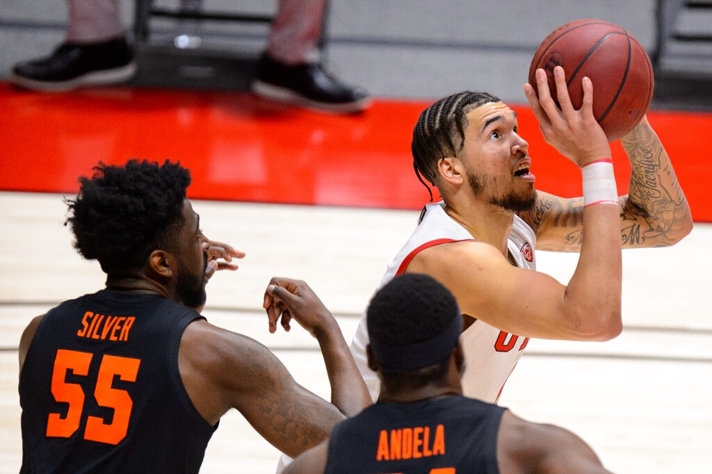 (Trent Nelson  |  The Salt Lake Tribune) Utah Utes forward Timmy Allen (1) as Utah hosts Oregon State, NCAA basketball in Salt Lake City on Wednesday, March 3, 2021.