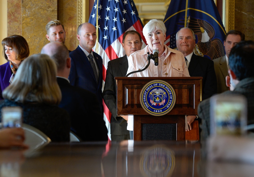 (Francisco Kjolseth  |  The Salt Lake Tribune)  Gail Miller, chair of the Larry H. Miller Group, who like many has been touched by suicide, joins Gov. Gary Herbert and others to announce the creation of a community teen suicide prevention task force to combat the state's rising youth suicide problems during a press event at the Utah Capitol on Wed. Jan. 17, 2018.