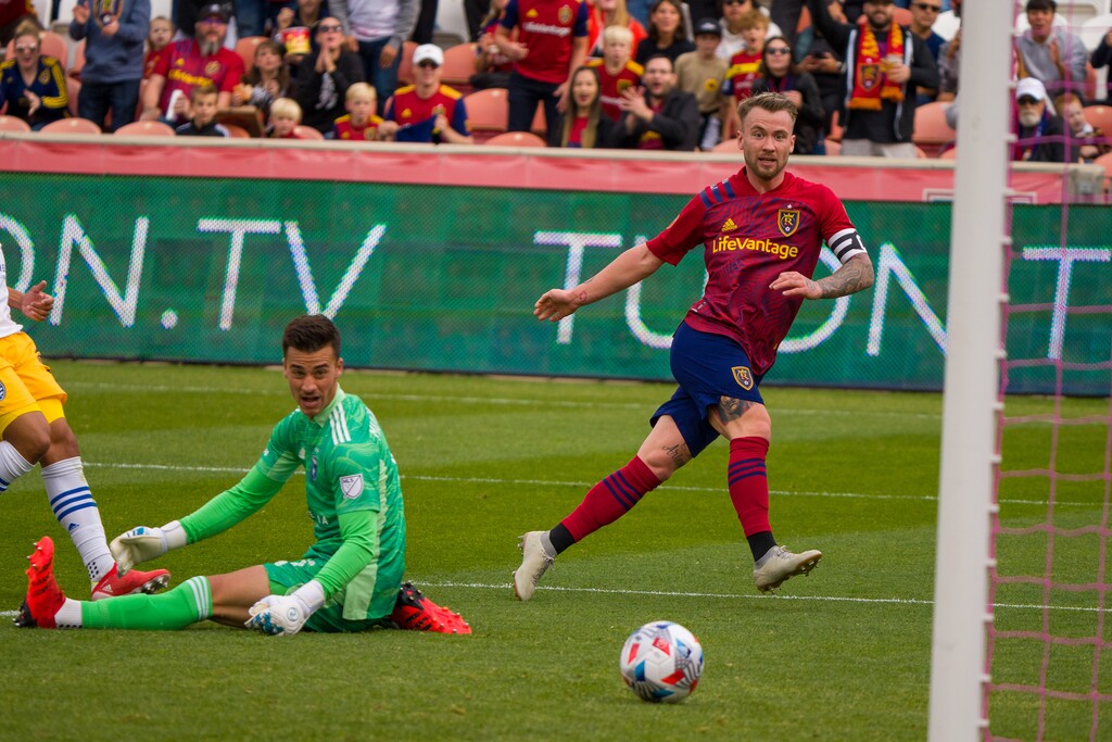(Trent Nelson | The Salt Lake Tribune) Real Salt Lake midfielder Albert Rusnak (11) watches his shot go under San Jose Earthquakes goalkeeper JT Marcinkowski (1) for a goal as Real Salt Lake hosts San Jose Earthquakes, MLS Soccer in Sandy on Saturday, Oct. 30, 2021.