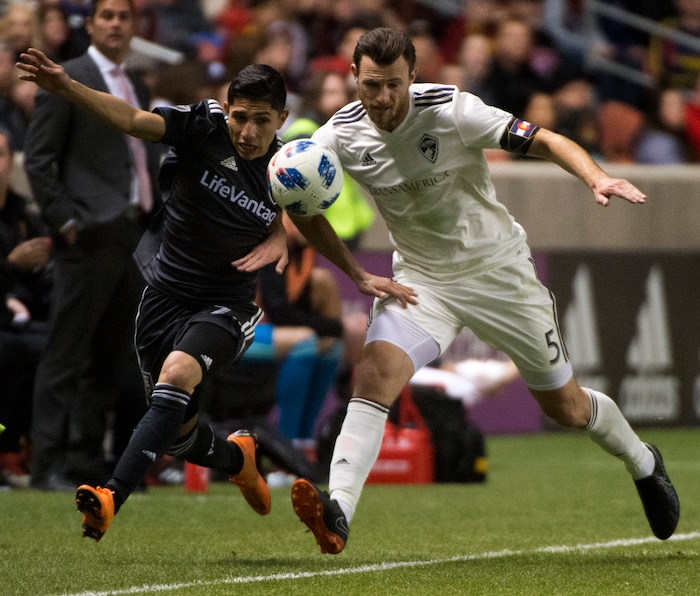 (Rick Egan  |  The Salt Lake Tribune) 
Real Salt Lake forward Jefferson Savarino (7) goes for the ball along with Colorado Rapids defender Tommy Smith (5), in MLS soccer action, between Real Salt Lake and Colorado Rapids,  at Rio Tinto Stadium, Saturday, April 21, 2018.



