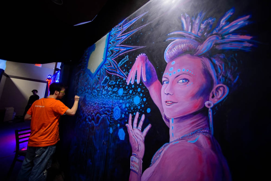 (Trent Nelson | The Salt Lake Tribune)  Scott Tuckfield painting a mural at dreamscapes in Salt Lake City on Tuesday March 12, 2019. Dreamscapes is a project of the Utah Arts Alliance. It runs for one month from March 15 through April 15.