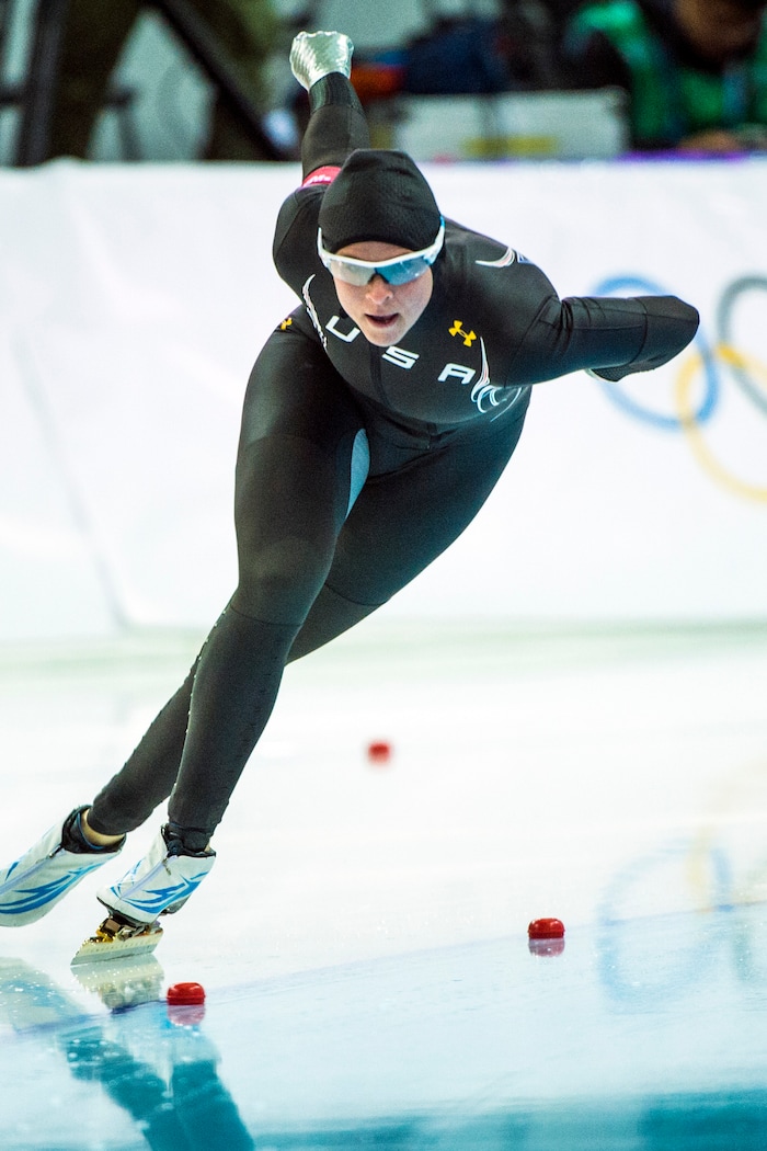 Brittany Bowe, of West Jordan, competes in the women's 1,000 meter speed skating race at Adler Arena Skating Center in the during the 2014 Sochi Olympics Thursday February 13, 2014. Bowe finished in eighth place with a time of 1:15.47.

(Photo by Chris Detrick/The Salt Lake Tribune)