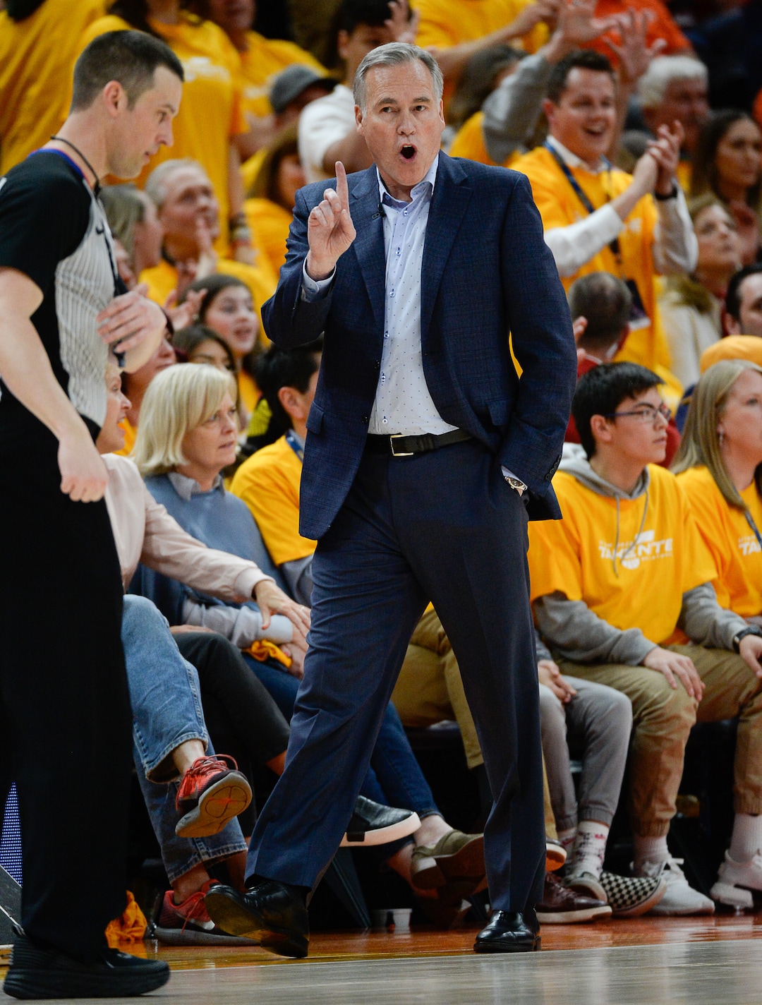 (Francisco Kjolseth  |  The Salt Lake Tribune)  Houston Rockets head coach Mike DÕAntoni argues with the referee in Game 3 of a first-round NBA basketball playoff series against the Jazz in Salt Lake City, Saturday, April 20, 2019.