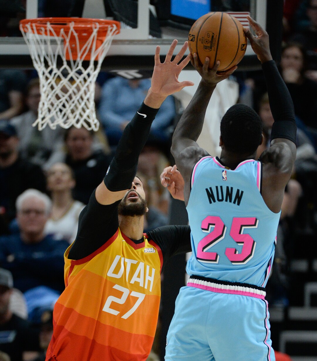 (Francisco Kjolseth  |  The Salt Lake Tribune) Utah Jazz center Rudy Gobert (27) pressures Miami Heat guard Kendrick Nunn (25) as the Utah Jazz host the Miami Heat in their NBA basketball game at Vivint Smart Home Arena in Salt Lake City on Wednesday, Feb. 12, 2020.