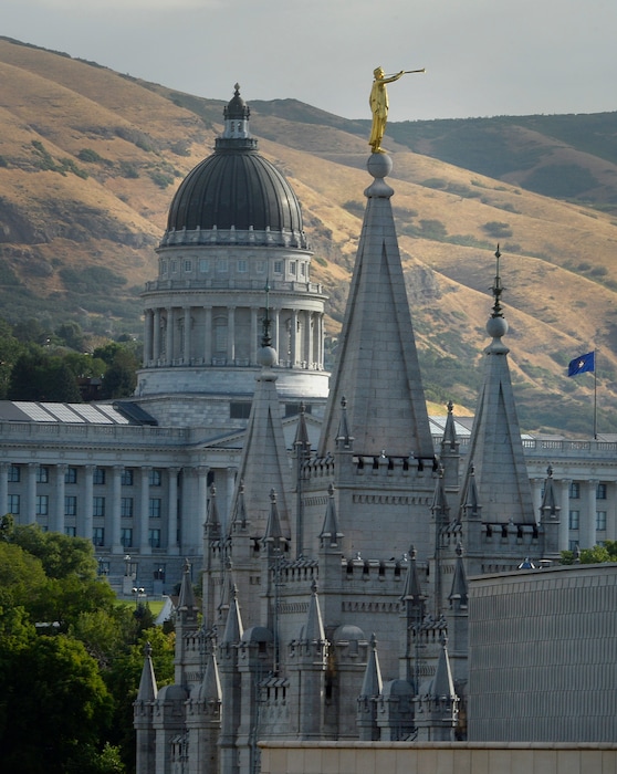 (Scott Sommerdorf   |  The Salt Lake Tribune)  
The Salt Lake LDS Temple and the Utah Capitol are seen together, Wednesday, July 26, 2017.