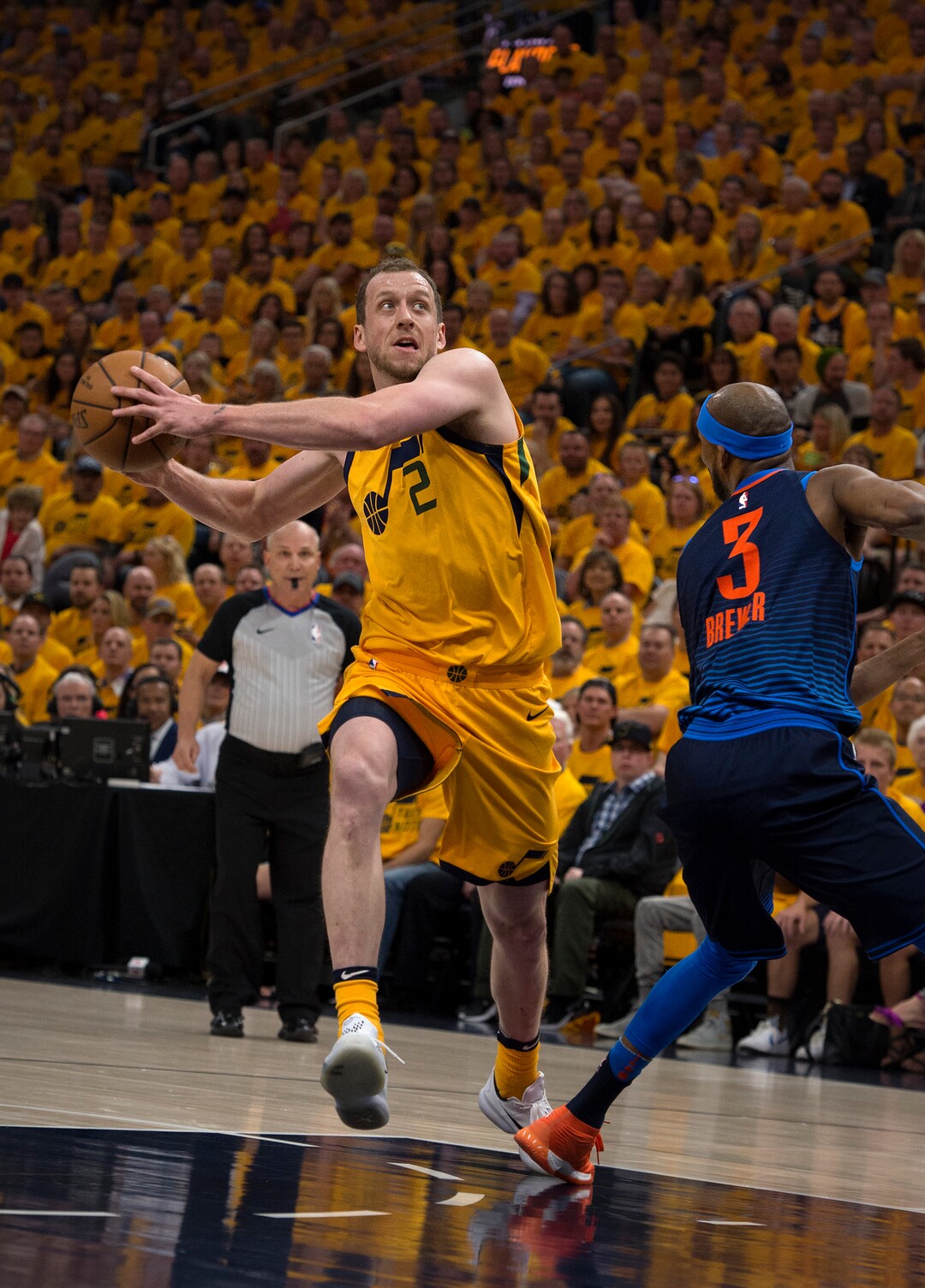 (Scott Sommerdorf | The Salt Lake Tribune)Utah Jazz forward Joe Ingles (2) drives past Oklahoma City Thunder forward Corey Brewer (3) during first quarter play. The Thunder led the Jazz 22-18 at the end of the 1st quarter during Game 6 of the first round playoff game, Friday, April 27, 2018.