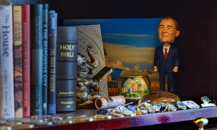 Leah Hogsten | The Salt Lake Tribune A bobblehead doll of Gov. Gary Herbert adorns the shelves of a bookshelf in Justin Harding's office at the Utah Capitol, who is chief of staff to Utah Gov. Gary Herbert, July 16, 2018. Harding manages the governorÕs executive office and staff, coordinates the governorÕs cabinet and stands as proxy for Gov. Herbert in formal government business.