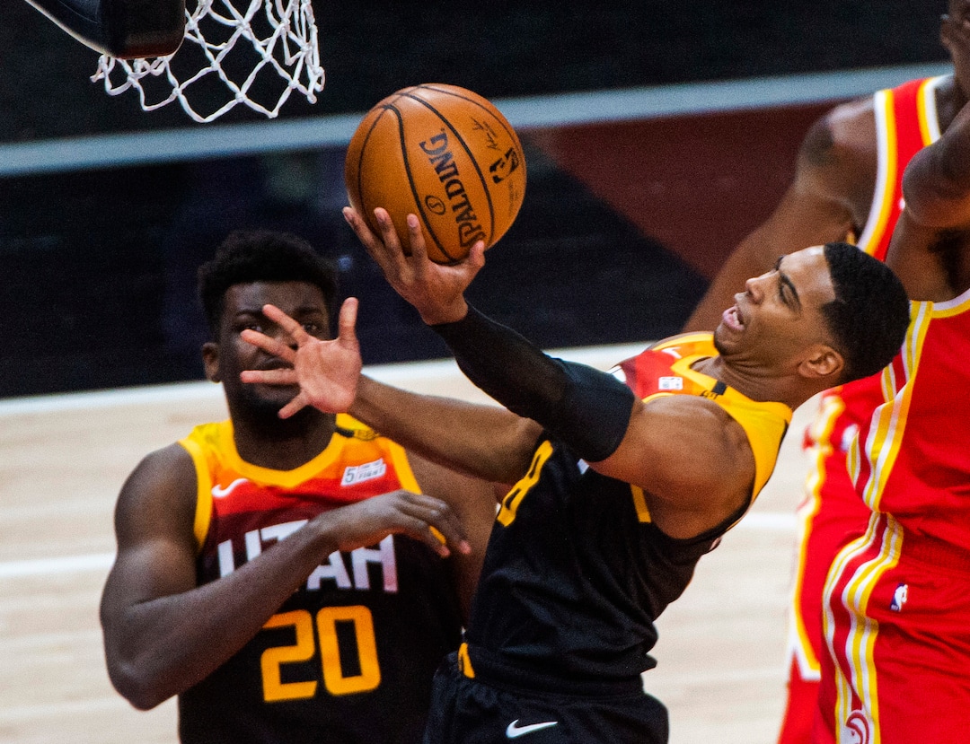 (Rick Egan | The Salt Lake Tribune) Utah Jazz guard Shaquille Harrison (8) takes the ball to the hoop, in NBA action between the Utah Jazz and the Atlanta Hawks at Vivint Arena, on Friday, Jan. 15, 2021.