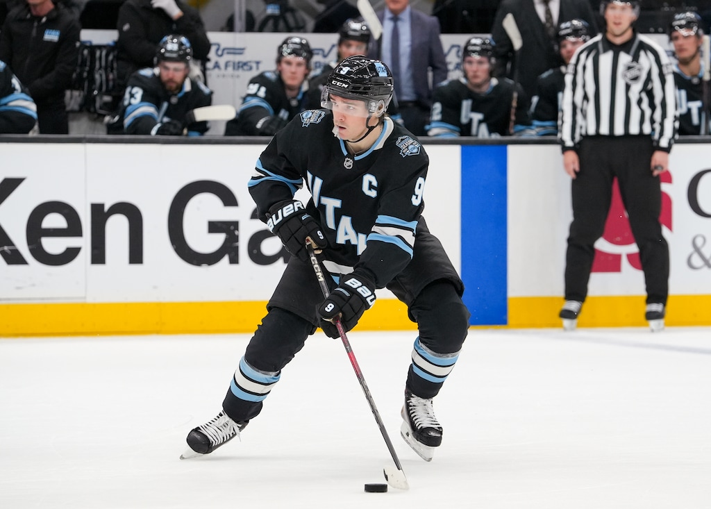 (Chris Samuels | The Salt Lake Tribune) Utah Hockey Club center Clayton Keller looks toward the net versus the Seattle Kraken at the Delta Center in Salt Lake City, Tuesday, April 8, 2025.