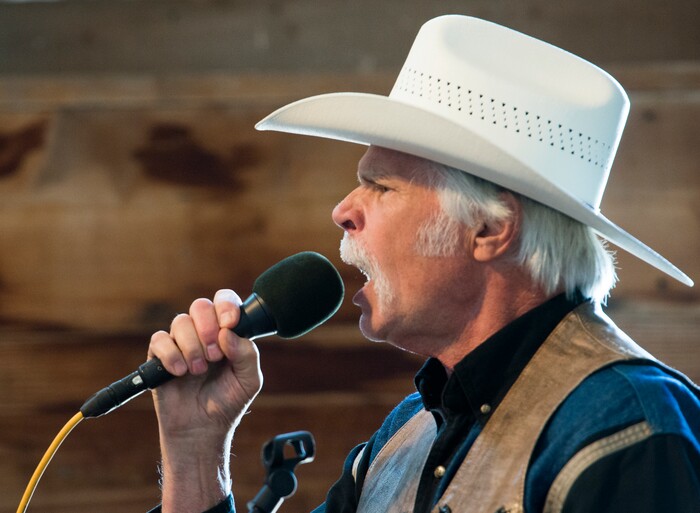 (Rick Egan  |  The Salt Lake Tribune)   Dave Harston performs cowboy poetry at the 13th Annual Cowboy Legends, Music & Poetry Festival at the Historic Fielding Garr Ranch on Antelope Island, Sunday, May 27, 2018. The Festival continues through Monday.