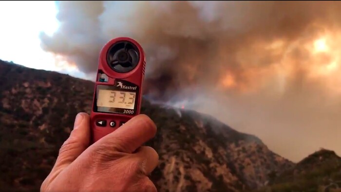 (Mike Eliason | Santa Barbara County Fire Department via AP) In this image from video provided by the Santa Barbara County Fire Department, a wind speed indicator held by a U.S. Forest Service fire fighter on Gibraltar Road at the W. Fork of Cold Spring Trail, shows just how fast and varied the speed of the wind is blowing down canyon. In this video it varied from 10-33 mph in Santa Barbara, Calif., Saturday, Dec. 16, 2017. Wind gusts of up to 52 mph have been recorded in the area using a hand held weather device. The Office of Emergency Services announced the orders Saturday as Santa Ana winds pushed the fire close to the community. The mandatory evacuation zone is now 17 miles long and up to 5 miles wide, extending from coastal mountains northwest of Los Angeles to the ocean. Winds in the foothill area are hitting around 30 mph, with gusts up to 60 mph.