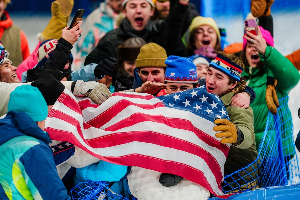 (Gabriela Bhaskar | The New York Times) Alex Ferreira of Park City celebrates winning gold in the freestyle men’s freeski halfpipe final, during the 2026 Milan Cortina Winter Olympics in Livigno, Italy, on Friday, Feb. 20, 2026.