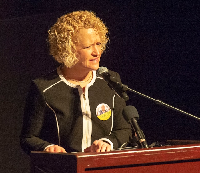 (Rick Egan  |  The Salt Lake Tribune)      Salt Lake City Mayor Jackie Biskupski speaks at the memorial service for Robert "Archie" Archuleta, at the Rose Wagner Theatre, Saturday, March 2, 2019.


