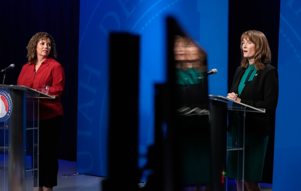(Francisco Kjolseth | The Salt Lake Tribune) Candidates Celeste Maloy, left, and Kathleen Riebe, running in Utah's 2nd Congressional District special election, debate at the KUED studios on the University of Utah campus on Thursday, Oct. 26, 2023. Maloy and Riebe have opposing views on federal abortion policy.