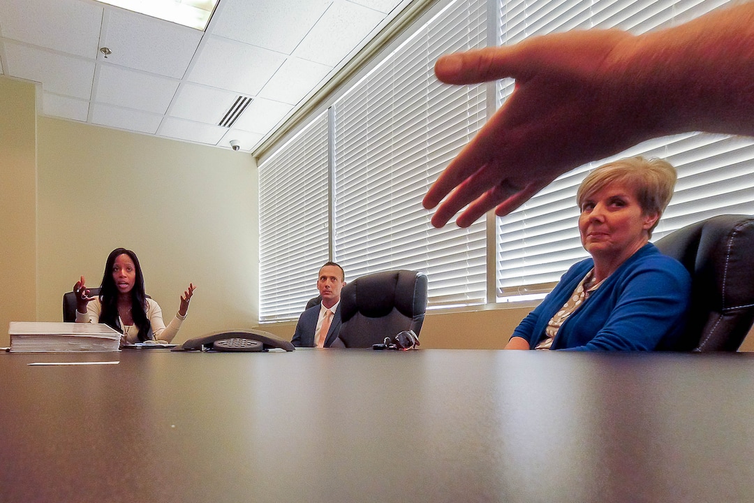 Trent Nelson  |  The Salt Lake TribuneRep. Mia Love, R-Utah meets with constituents during "open office hours" at her West Jordan office, Tuesday August 1, 2017.  Love met with constituents in groups no larger than ten people, her alternative to holding a town hall. From left, Love, Jason Love, and Bridgette Despain.