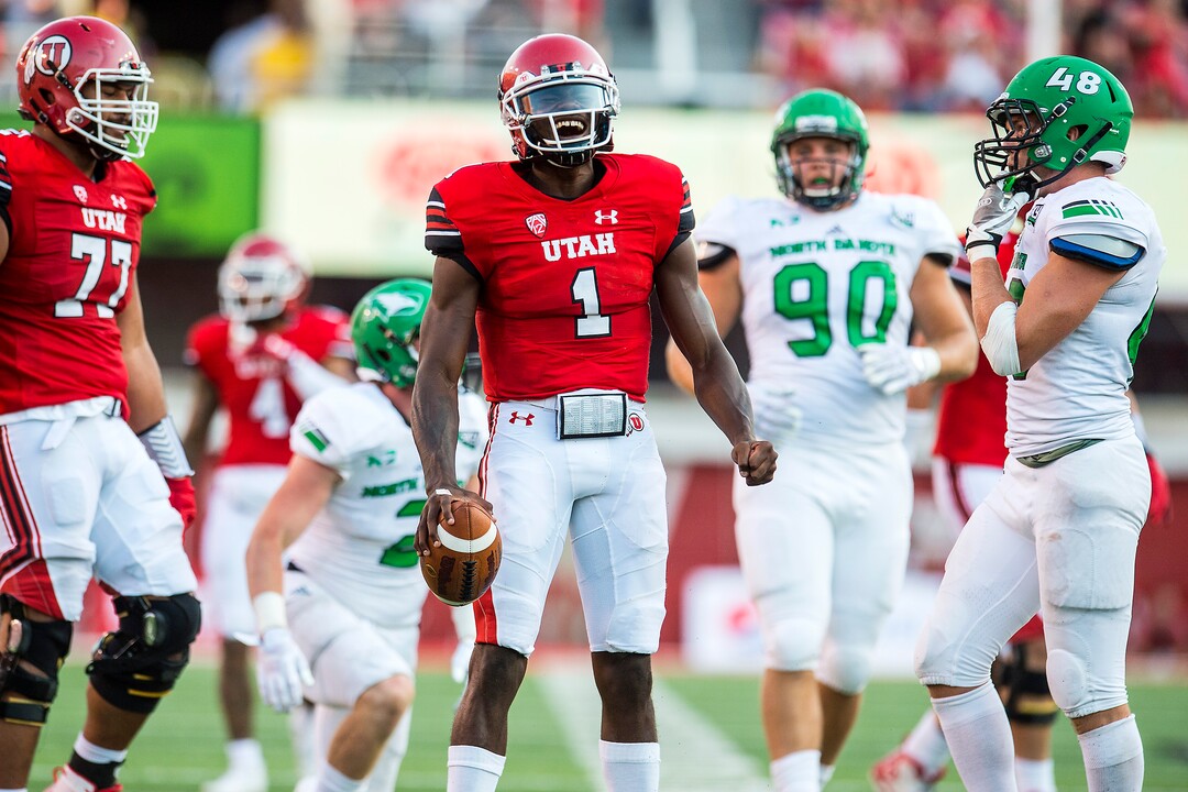 (Chris Detrick  |  The Salt Lake Tribune)  Utah Utes quarterback Tyler Huntley (1) reacts after being tackled during the game at Rice-Eccles Stadium Thursday, August 31, 2017. Utah Utes are leading North Dakota Fighting Hawks 17-9 at halftime. 