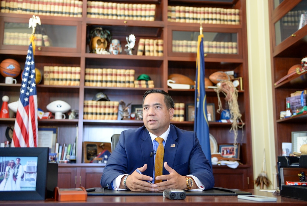 (Chris Samuels | The Salt Lake Tribune) Utah Attorney General Sean Reyes speaks in his office in July 2021.
