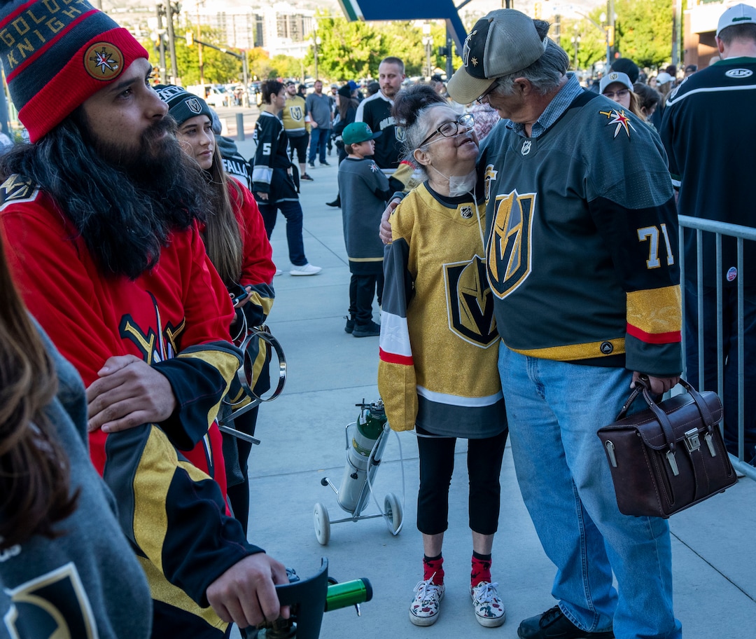 (Rick Egan | The Salt Lake Tribune) Joseph and Madii wait with their parents, Jeff and Tina Lewis, for the doors to open before an NHL preseason game between the Los Angeles Kings and the Las Vegas Golden Knights, Thursday, Sept. 30, 2021. The game was Tina's first night out after coming home from the hospital from over six months of complications of COVID-19. The Lewis family are avid hockey fans and their favorite team is the Golden Knights.
