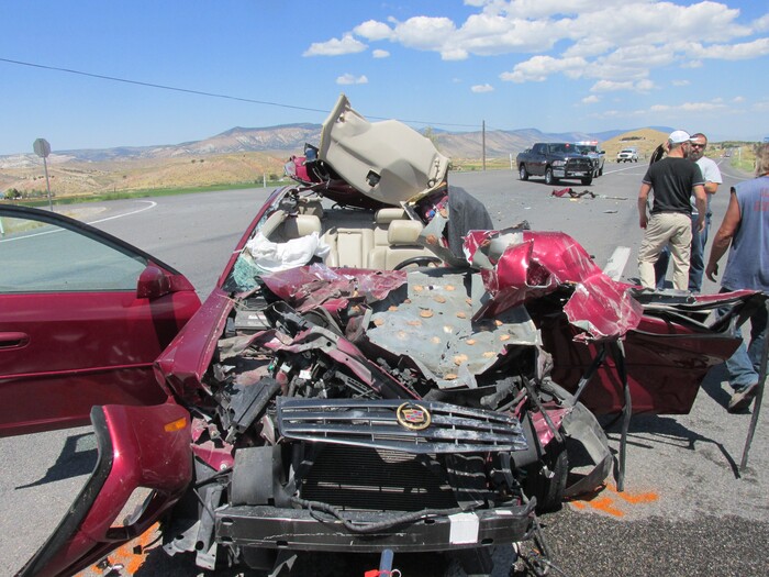 (Photo courtesy of the Utah Highway Patrol) A 69-year-old woman was seriously injured Friday in Sanpete County when her sedan crashed into a garbage truck that had run a stop sign.