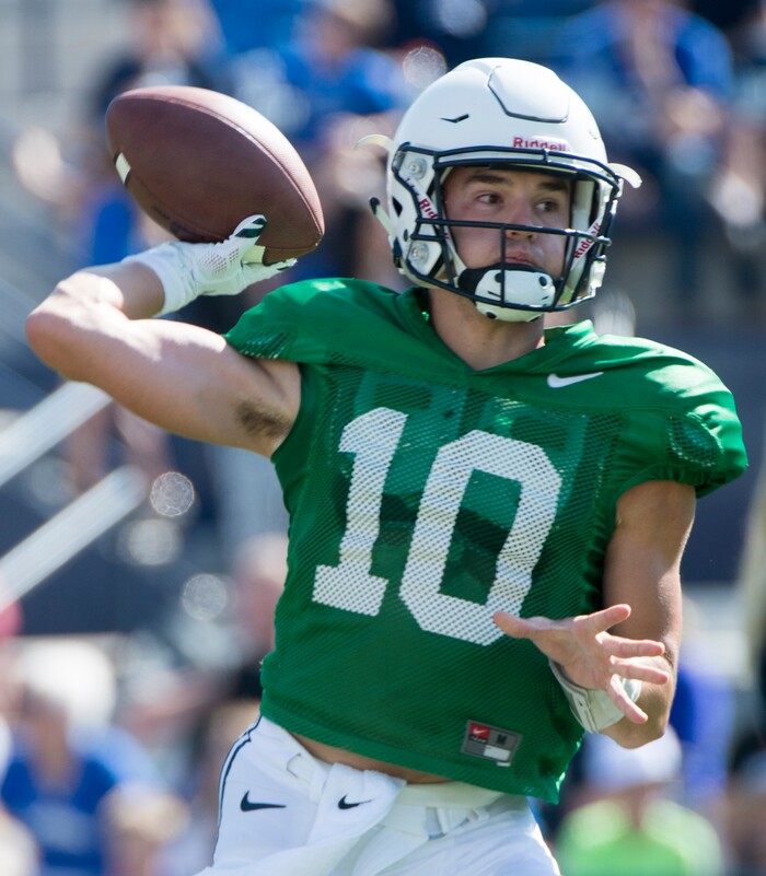 (Rick Egan  |  The Salt Lake Tribune)  Quarterback Koy Detmer Jr. (10), throws the ball, during the BYU scrimmage at Lavell Edwards Stadium, Thursday, August 17, 2017.