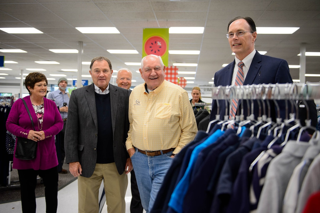(Trent Nelson  |  The Salt Lake Tribune)  Agriculture Secretary Sonny Perdue on a tour of Welfare Square in Salt Lake City on Wednesday May 22, 2019. From left, Jeanette Herbert, Gov. Gary Herbert, Perdue, and Bishop W. Christopher Waddell.