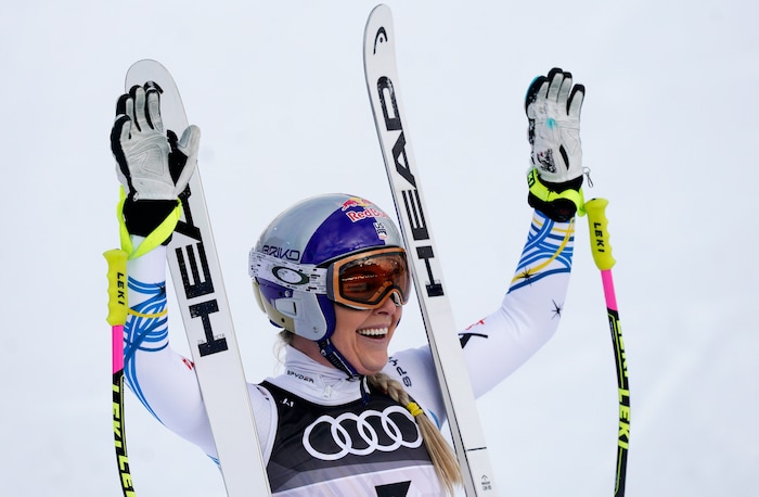 United States' Lindsey Vonn smiles in the finish area after the women's downhill race, at the alpine ski World Championships in Are, Sweden, Sunday, Feb. 10, 2019. (AP Photo/Giovanni Auletta)