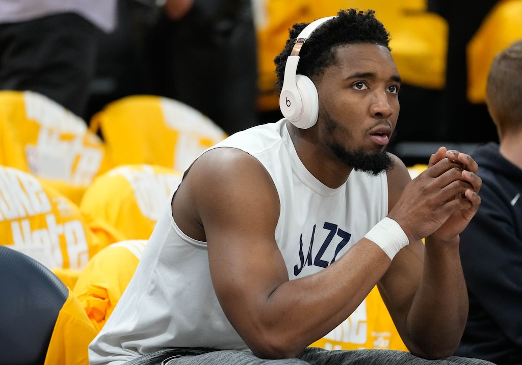 (Francisco Kjolseth | The Salt Lake Tribune) Utah Jazz guard Donovan Mitchell (45) listens to music as he begins his warm up routine prior to Game 4 of an NBA basketball first-round playoff series against the Dallas Mavericks, Saturday, April 23, 2022, in Salt Lake City.
