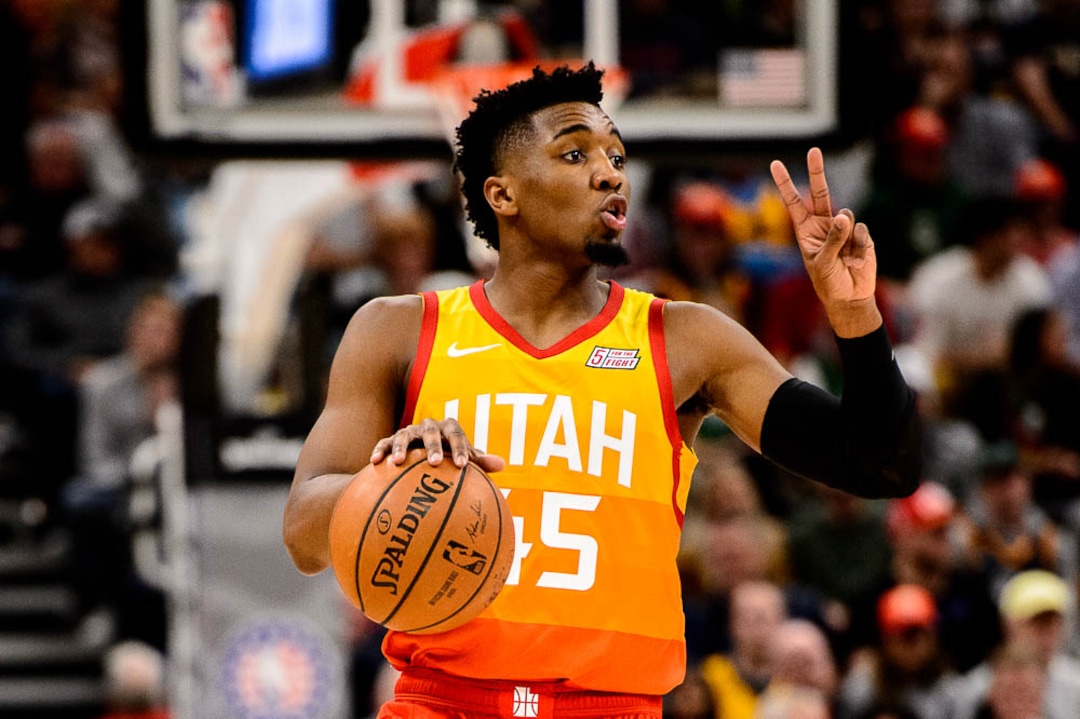 (Trent Nelson | The Salt Lake Tribune)  Utah Jazz guard Donovan Mitchell (45). Utah Jazz vs. Boston Celtics, NBA basketball in Salt Lake City on Friday Nov. 9, 2018.