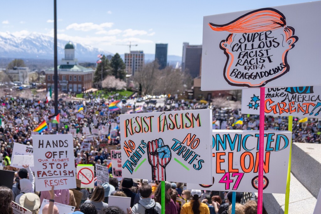 (Rick Egan | The Salt Lake Tribune) Hundreds of protesters gather at the Capitol for a rally against the Trump administration in Salt Lake City on Saturday, April 5, 2025.