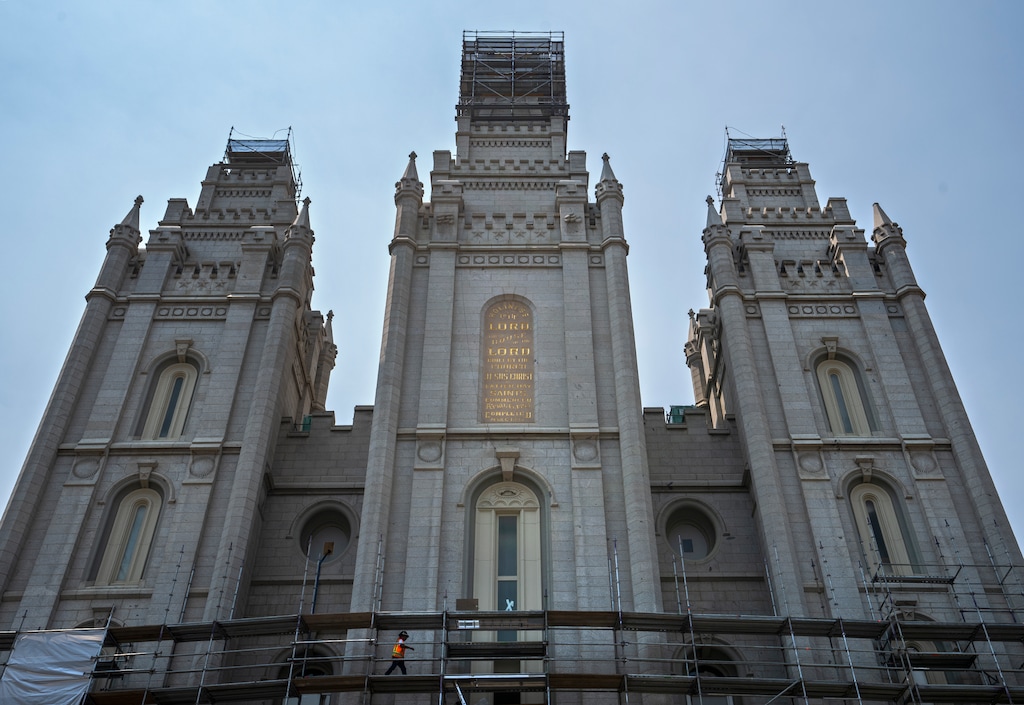 (Leah Hogsten | The Salt Lake Tribune) The Salt Lake Temple of The Church of Jesus Christ of Latter-day Saints is undergoing major renovations. Photo taken Aug. 4, 2021.