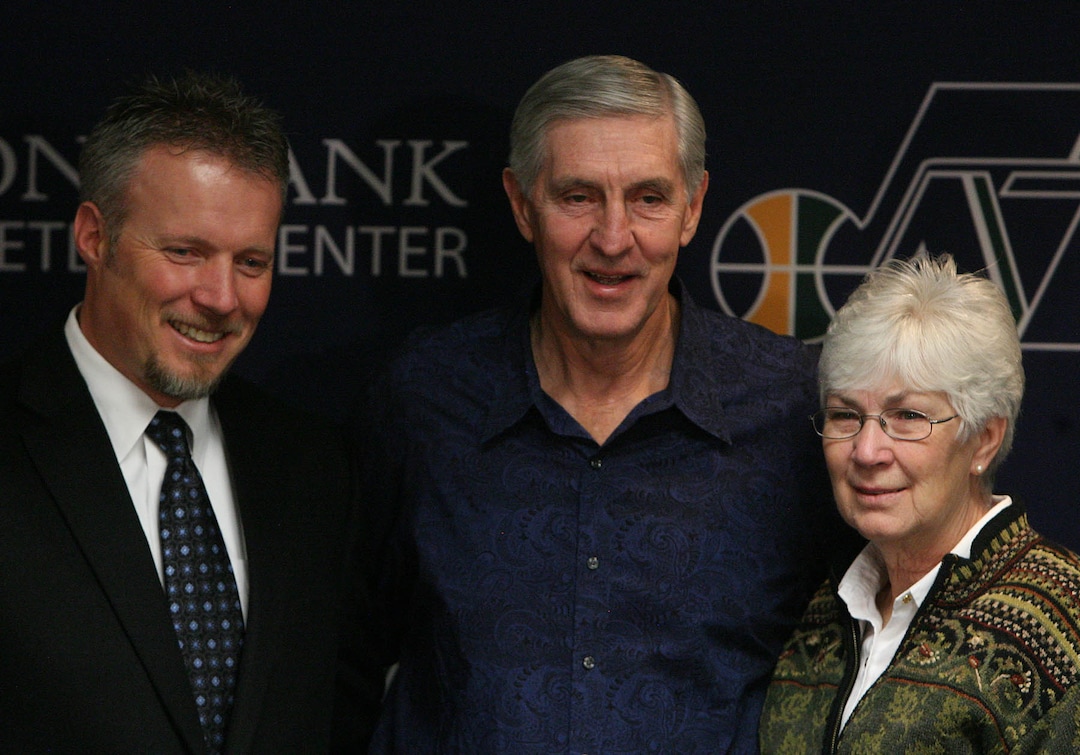 (Leah Hogsten  |  Tribune file photo) Jazz CEO Greg Miller, Jerry Sloan,  and Jazz owner Gail Miller at a news conference where it was announced that Jerry Sloan had  resigned as coach of the Jazz on Thursday, February 10, 2011.