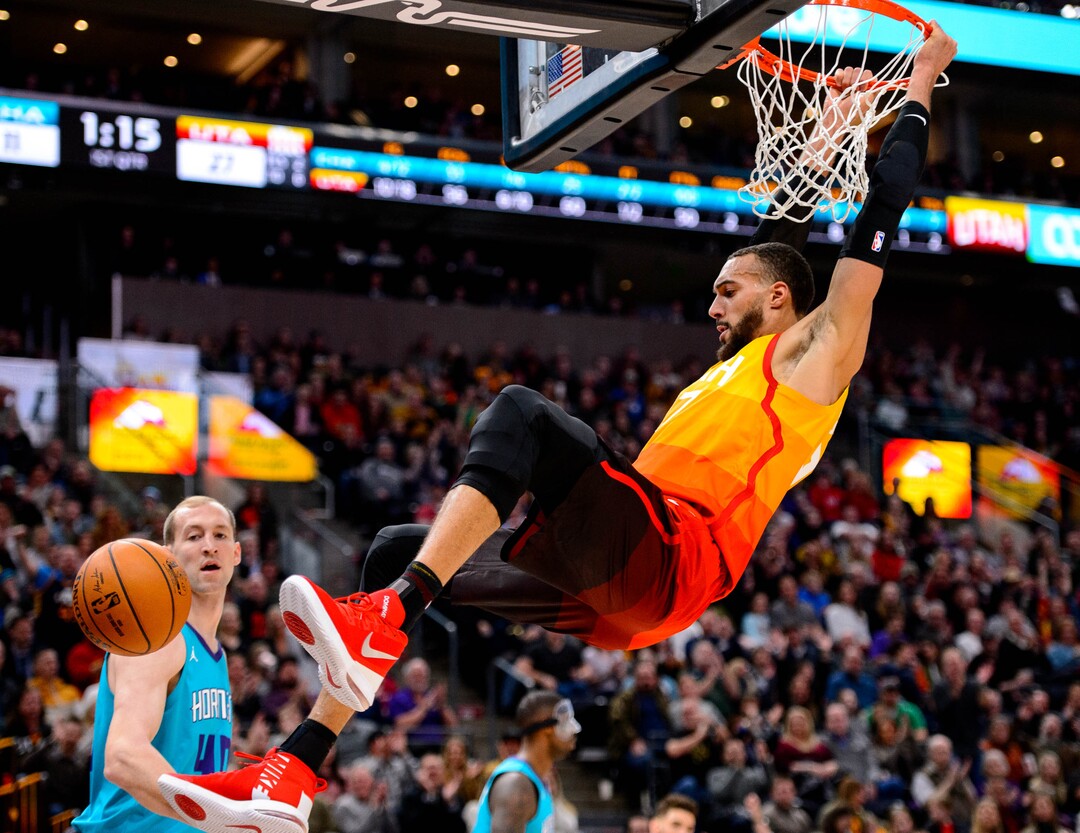 (Trent Nelson  |  The Salt Lake Tribune) Utah Jazz center Rudy Gobert (27) dunks the ball as the Utah Jazz host the Charlotte Hornets, NBA basketball in Salt Lake City on Friday, Jan. 10, 2020.
