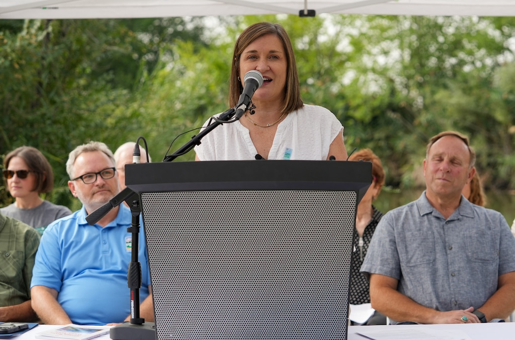 (Chris Samuels | The Salt Lake Tribune) Salt Lake County Mayor Jenny Wilson delivers remarks by the Jordan River Trail in North Salt Lake, Friday, Aug. 29, 2025.
