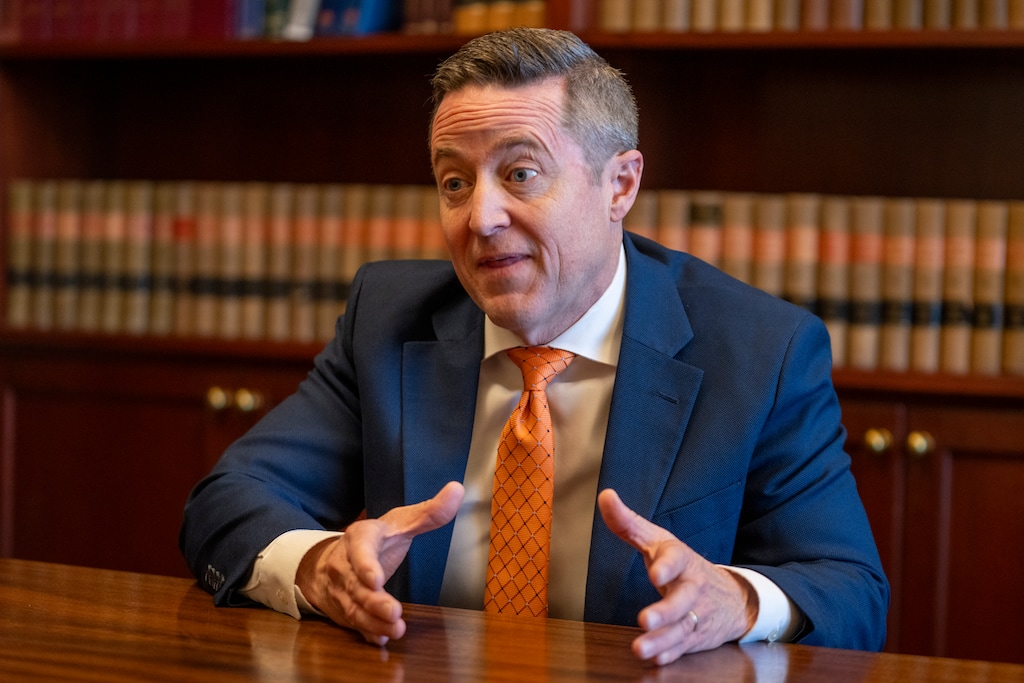 (Rick Egan | The Salt Lake Tribune) Attorney General Derek Brown talks about the Section 504 Lawsuit in his office, on Thursday, Feb 20, 2025.