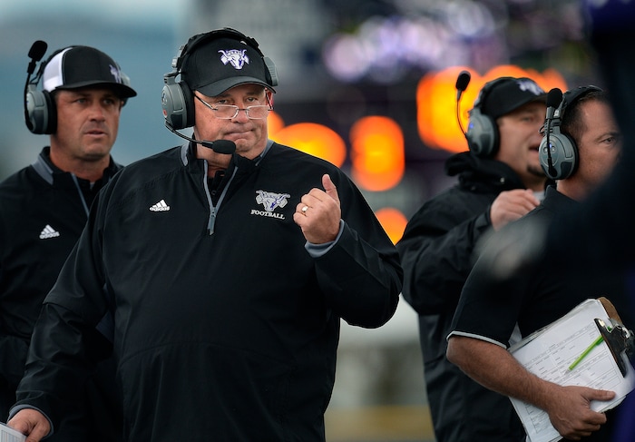 (Scott Sommerdorf   |  The Salt Lake Tribune)   Lehi head coach Ed Larson during first half play. Lehi led Olympus 26-0 late in the second half, Friday, September 22, 2017.