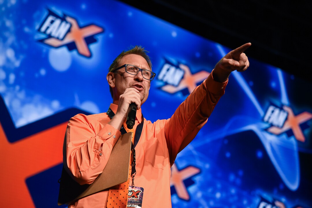 (Francisco Kjolseth  |  The Salt Lake Tribune)  Chris Provost emcee's during the start of FanX Salt Lake Comic Convention at the Salt Palace in Salt Lake City Thursday, Sept. 6, 2018, during the three-day pop culture convention.