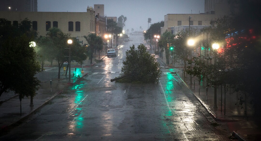(Nick Wagner | Austin American-Statesman via AP) A tree blocks a street as Hurricane Harvey makes landfall in Corpus Christi, Texas, on Friday, Aug. 25, 2017. Hurricane Harvey smashed into Texas late Friday, lashing a wide swath of the Gulf Coast with strong winds and torrential rain from the fiercest hurricane to hit the U.S. in more than a decade.