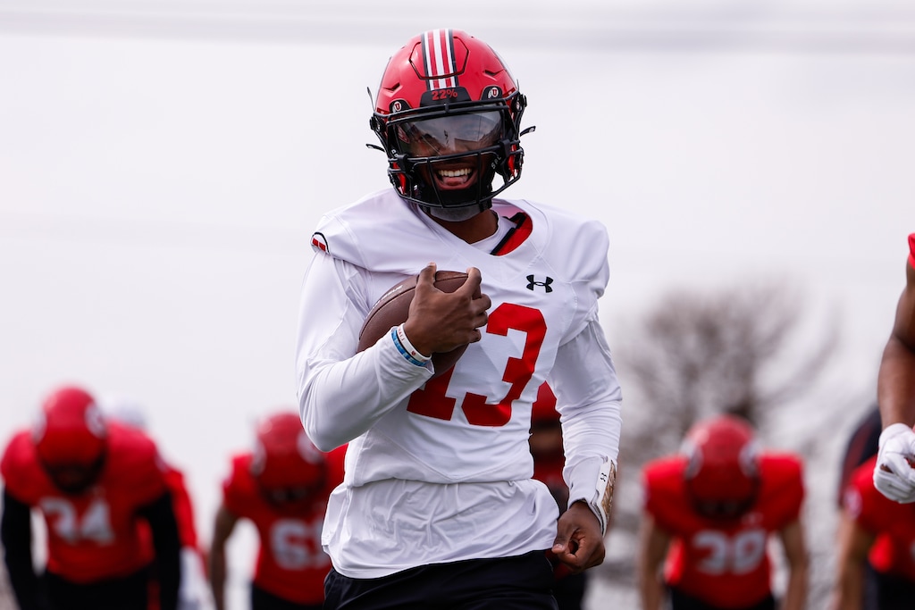 (Hunter Dyke | Utah Athletics) Quarterback Nate Johnson participates in the first day of Utah football spring practice in Salt Lake City on Tuesday, March 21, 2023.